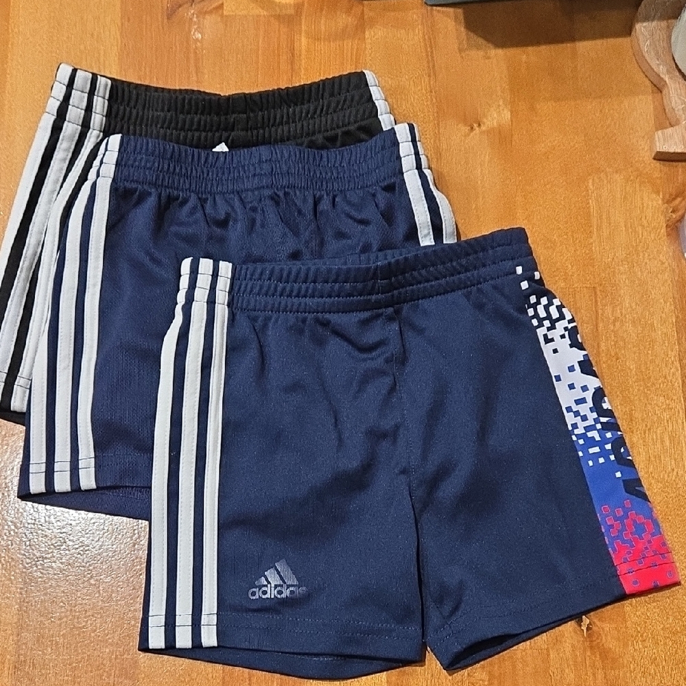 Adidas Blue and Black Athletic Shorts with Three-Stripe Design